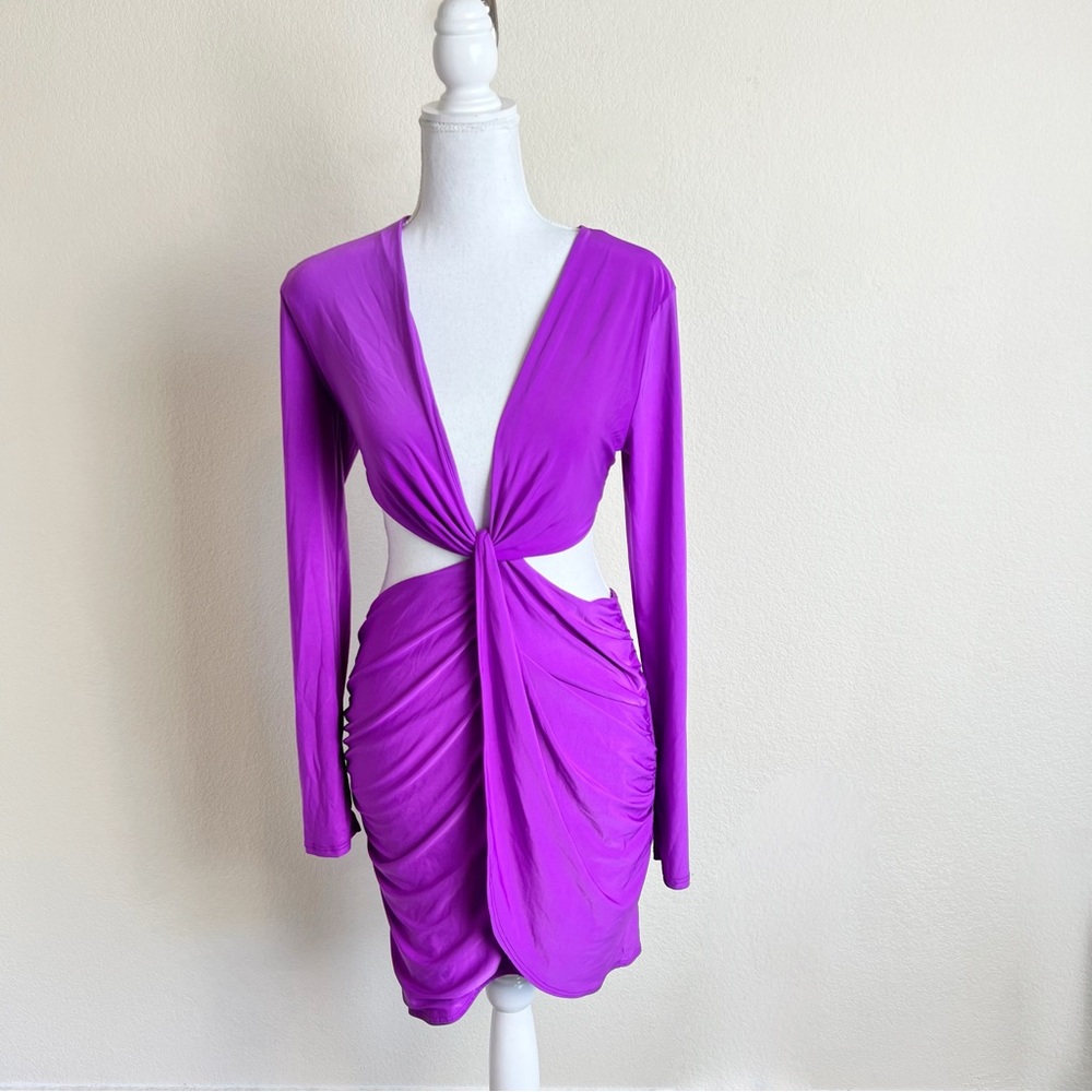 Fashion Nova Violet Slinky Cut Out V-Neck Criss Cross Long Sleeve Mini Dress